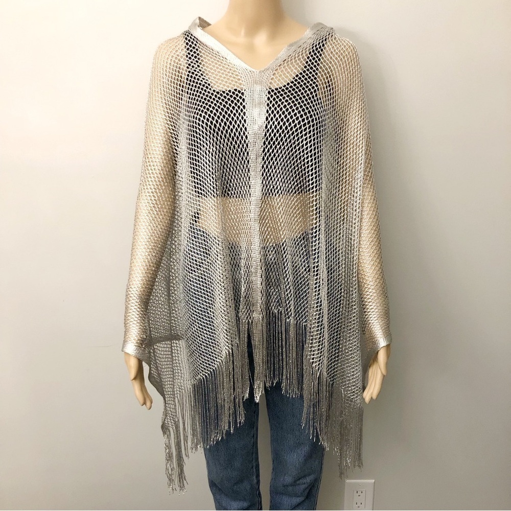 Vintage See Through Sexy Crochet Silver Tone Party Festival Beachwear Poncho.
